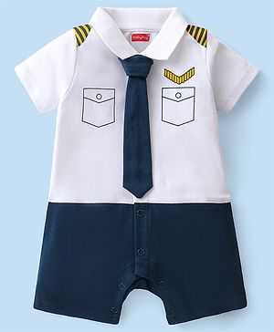 Babyhug 100% Cotton Knit Half Sleeves Pilot Theme Romper with Tie - Navy & White
