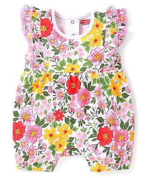 Babyhug 100% Cotton Knit Frill Sleeves Floral Printed Romper - Multicolour