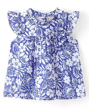 Babyhug 100% Cotton Frill Sleeves Woven Top With Bow Detailing & Floral Print - Blue
