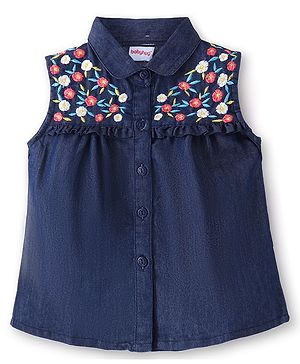 Babyhug Cotton Woven A-Line Sleeveless Shirt Styled Top With Floral Embroidery - Navy