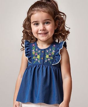 Babyhug Cotton Woven Frill Sleeves Top with Floral Embroidery - Blue