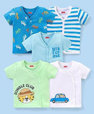 Babyhug 100% Cotton Knit Half Sleeves Safari Car Printed Jhablas Pack of 5 - Multicolour
