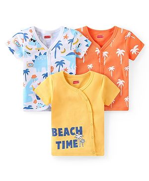 Babyhug 100% Cotton Half Sleeves Set Of Vests Dino & Text Print Pack Of 3 - Orange Yellow & White