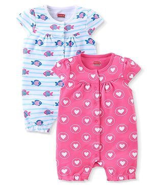 Babyhug 100% Cotton Knit Cap Sleeves Rompers with Heart & Fish Print  Pack of 2 - Multicolour
