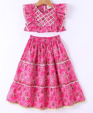 Teentaare Cotton Frilled Sleeves Choli & Lehenga Set Floral Print - Pink