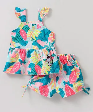 U R CUTE Sleeveless Leaves Printed Coordinating Dress With Shorts - Peach