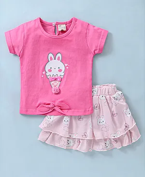 U R CUTE Cotton Cap Sleeves Bunny Printed Top & Skirt Set - Rani