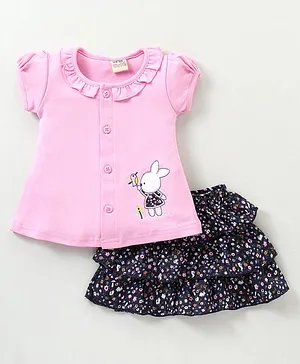 U R CUTE Cap Sleeves Bunny Patched Top & Skirt Set - Pink