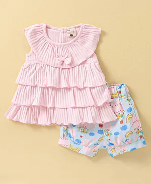 U R CUTE Sleeveless Bow Detailed Dress With Rainbow Printed Shorts - Pink