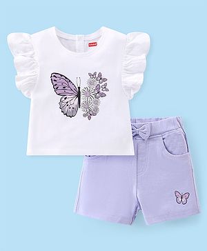 Babyhug Single Jersey Half Sleeves Top And Shorts Set Butterfly Print - White & Lilac