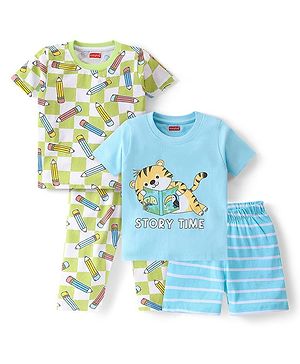 Babyhug Single Jersey Knit  Half Sleeves Nightsuits with Pencil & Tiger Print Pack of 2 - Multicolour