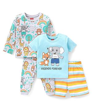 Babyhug Single Jersey Half Sleeves Shorts & Full Sleeves Pyjama Set Animal Print Pack of 2 - Multicolour