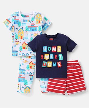 Babyhug Single Jersey Knit Half Sleeves Night Suit Text Print Pack of 2  -  Blue