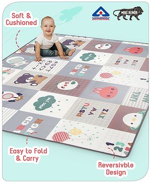 Babyhug Premium Reversible Foldable Waterproof Floor mat- 6 ft x 5 ft| Thickness 8 mm| Education Theme| Colorful| Learn and Play Mat| Soft Foam and Anti-Slip Mat|Baby Massage| Easy to Carry Bag| 0-12 Years| BIS Certified