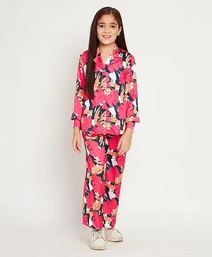 Readiprint Fashions Satin Full Sleeves  Floral Printed Shirt With Coordinating Pant Set -  Magenta Pink