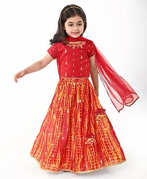 Babyhug Short Sleeves Embroidered Choli With Leheriya Printed Lehenga and Dupatta Set - Orange & Red