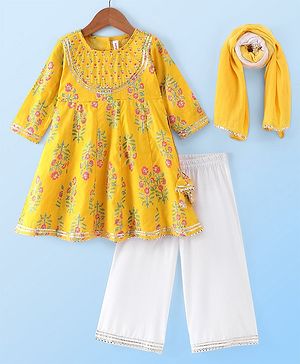 Babyhug Cotton Woven Three Fourth Sleeves Kurti Palazzo Set with Dupatta Floral Print - Yellow