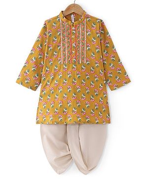 Babyhug Cotton Woven Full Sleeves Jaipur Print Dhoti Kurta Set Gota Lace - Mustard