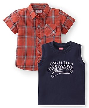 Babyhug Cotton Half Sleeve Twofer Check Shirt with T-Shirt - Brown & Navy