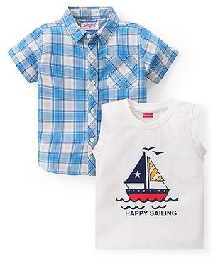 Babyhug Cotton Woven Half Sleeves Checked Shirt With Boat Print T-Shirt - Blue