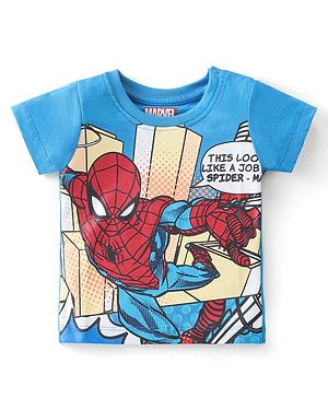 Babyhug Marvel Cotton Knit Half Sleeve T-Shirt With Front and Back Spiderman Graphics All Over Print -Blue