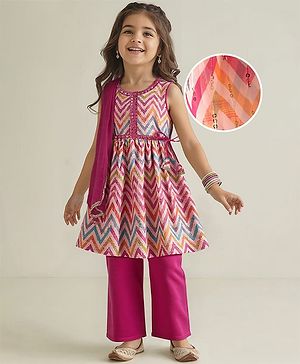 Babyhug Woven Sleeveless Dhari Printed Kurti Palazzo Set With Sequin Detailing & Dupatta - Dark Pink
