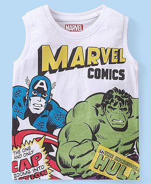 Babyhug Marvel Cotton Sleeveless T-Shirt With Avengers Graphics - White