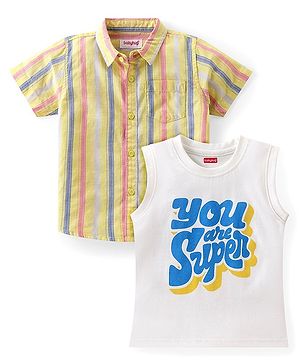 Babyhug Cotton Half Sleeve Twofer Striped Shirt with Printed T-Shirt - Yellow & White