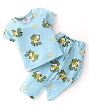 Babyhug Single Jersey Half Sleeves Night Suit Croc Print - Light Blue