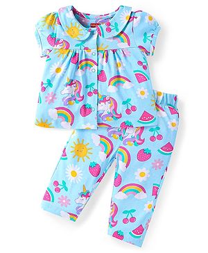 Babyhug Cotton Knit Single Jersey Half Sleeves Peter Pan Collared Night Suit With Unicorn Print - Light Blue