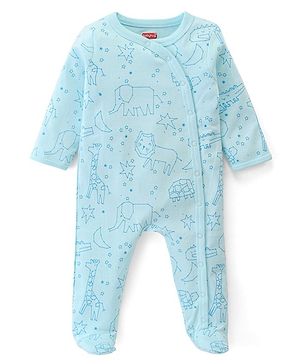 Babyhug Interlock Cotton Knit Full Sleeves Lion Printed Sleep Suit - Blue
