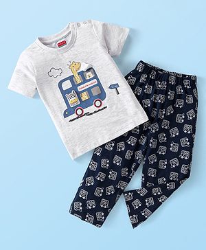 Babyhug Single Jersey Knit Half Sleeves Night Suit Bus & Animal Print - Navy Blue & Grey