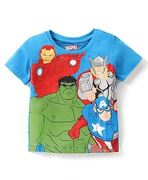 Babyhug Marvel Cotton Half Sleeves T-Shirt With Front and Back Avengers Graphics - Blue