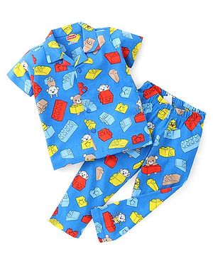 Babyhug Cotton Half Sleeve Knit Front Open Night Suit Lego Block Print - Blue