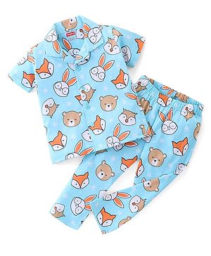 Babyhug Cotton Knit Half Sleeves Night Suit With Animal Print - Blue