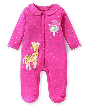 Babyhug Cotton Knit Full Sleeves Floral Printed & Giraffe Patch Footed Sleep Suit - Pink