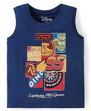 Babyhug Disney Cotton Knit  Sleeveless T-Shirt  with Front and Back Cars Graphics - Blue