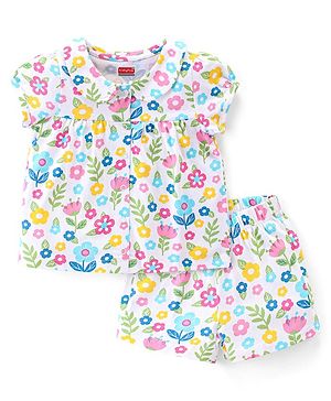 Babyhug Cotton Knit Single Jersey Half Sleeves Night Suit With Floral Print - White