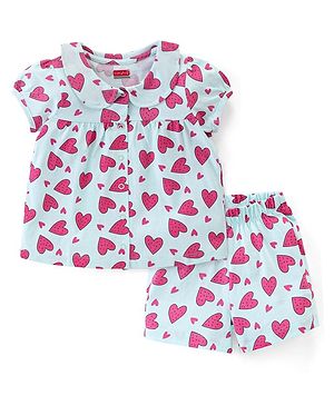 Babyhug Cotton Knit Half Sleeves Shorts Night Suit  Set Heart Print - Blue