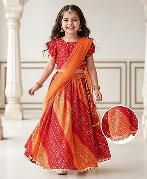 Babyhug Woven Short Puffed Sleeves Floral Embroidered Choli with Gold Bandhani Print Lehenga & Dupatta Set - Orange & Red