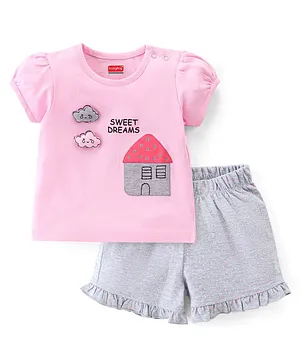 Babyhug Cotton Knit Half Sleeves Night Suit Text Print - Pink & Grey