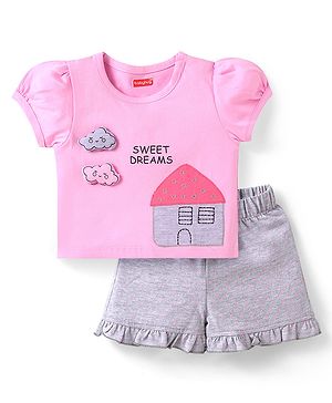 Babyhug Cotton Knit Half Sleeves Night Suit Text Print - Pink & Grey