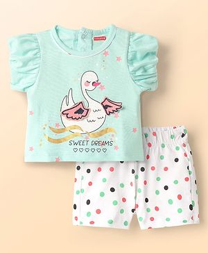 Babyhug Single Jersey Knit Half Sleeves Night Suit With Duck & Polka Dot Print - Mint & White