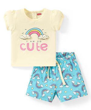Babyhug Cotton Half Sleeves Night Suit With Rainbow Print - Yellow & Blue