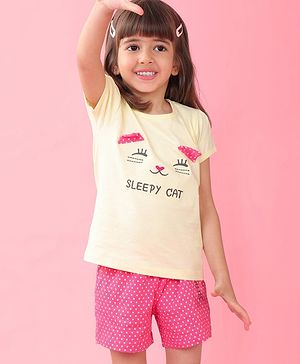Babyhug Cotton Knit Half Sleeves Night Suit With Cat Print - Yellow & Pink