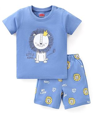 Babyhug Single Jersey Knit Half Sleeves Night Suit Lion Print - Blue
