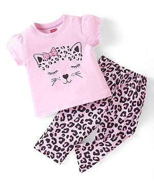 Babyhug Cotton Knit Half Sleeves Night Suit Kitty Print - Pink