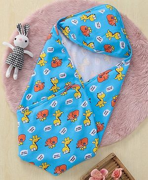 Babyhug Interlock Hooded Wrappers With Dino Print L 76.2 x B 76.2 cm - Blue