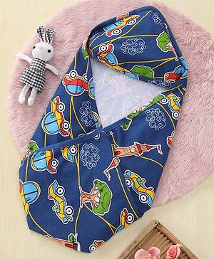 Babyhug Interlock Hooded Wrappers With Car Print L 76.2 x B 76.2 cm - Blue