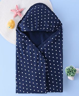 Babyhug Interlock Hooded Wrapper With Polka Dot Print L 76.2 x B 76.2 cm - Navy Blue